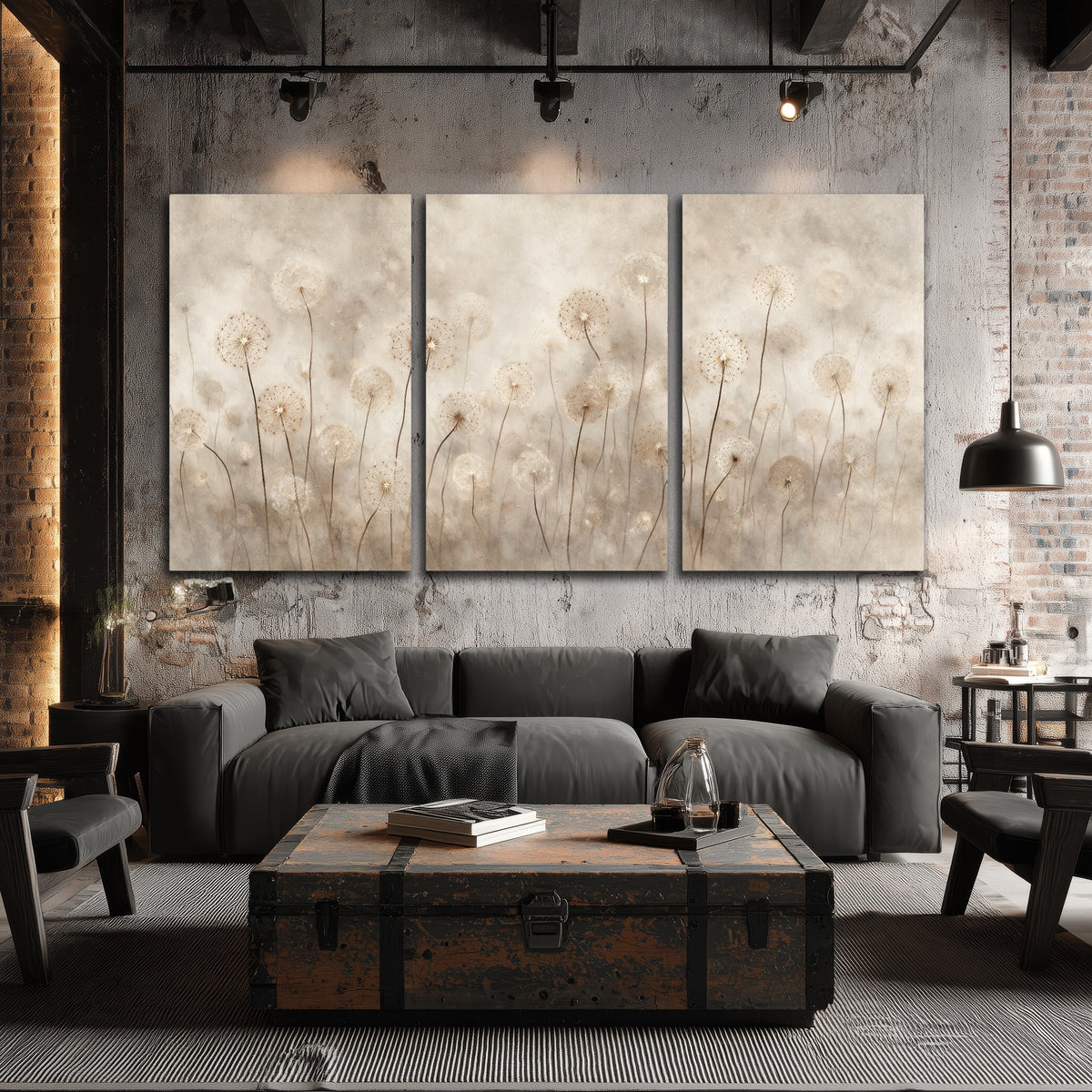 Misty dandelion field painting 3 piece canvas wall art in an industrial loft