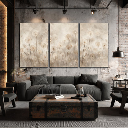 Misty dandelion field painting 3 piece canvas wall art in an industrial loft