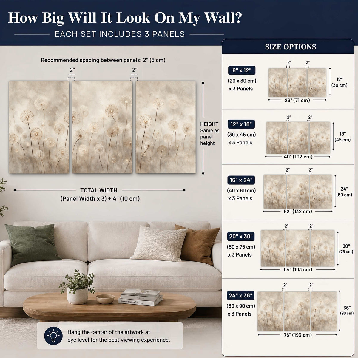 Misty dandelion field painting 3 piece canvas wall art size guide above a sofa