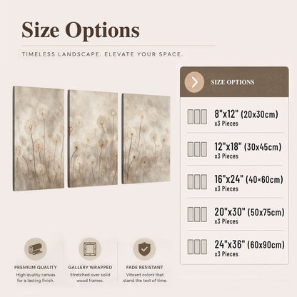 Misty dandelion field painting 3 piece canvas wall art size options