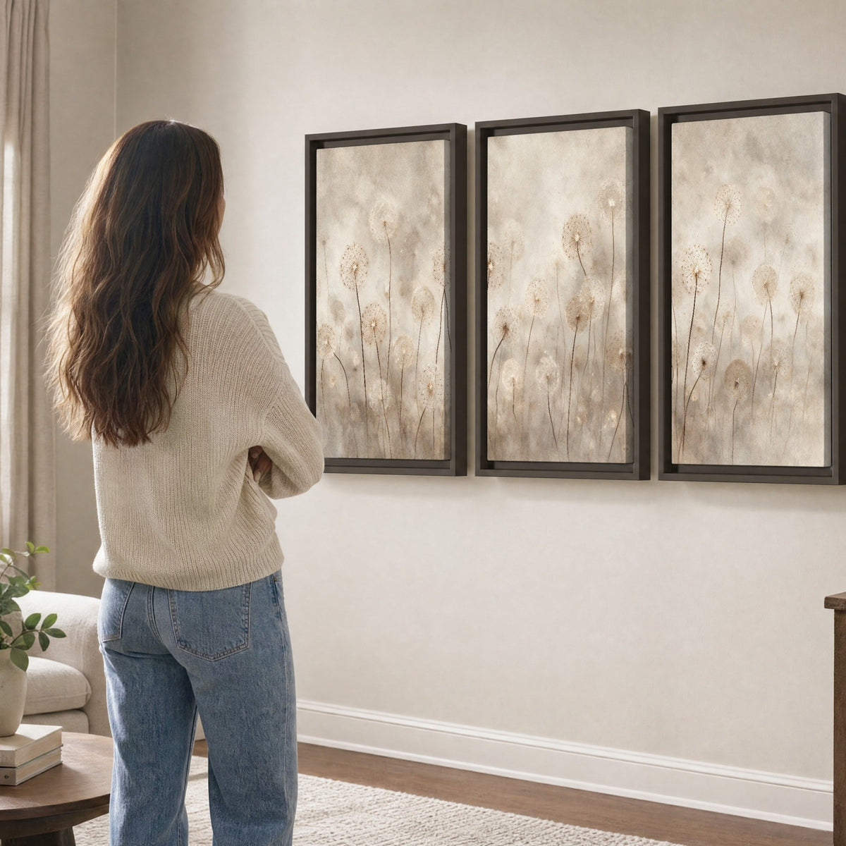 Misty dandelion field painting 3 piece framed canvas in a living room