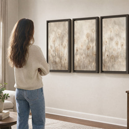 Misty dandelion field painting 3 piece framed canvas in a living room