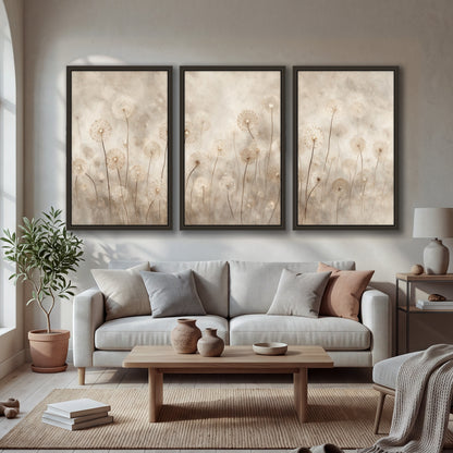 Misty dandelion field painting 3 piece framed canvas in a bright living room