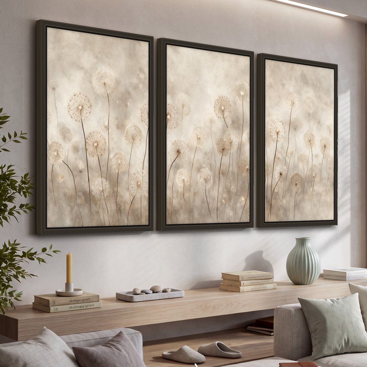 Misty dandelion field painting 3 piece framed canvas in a living room above a console