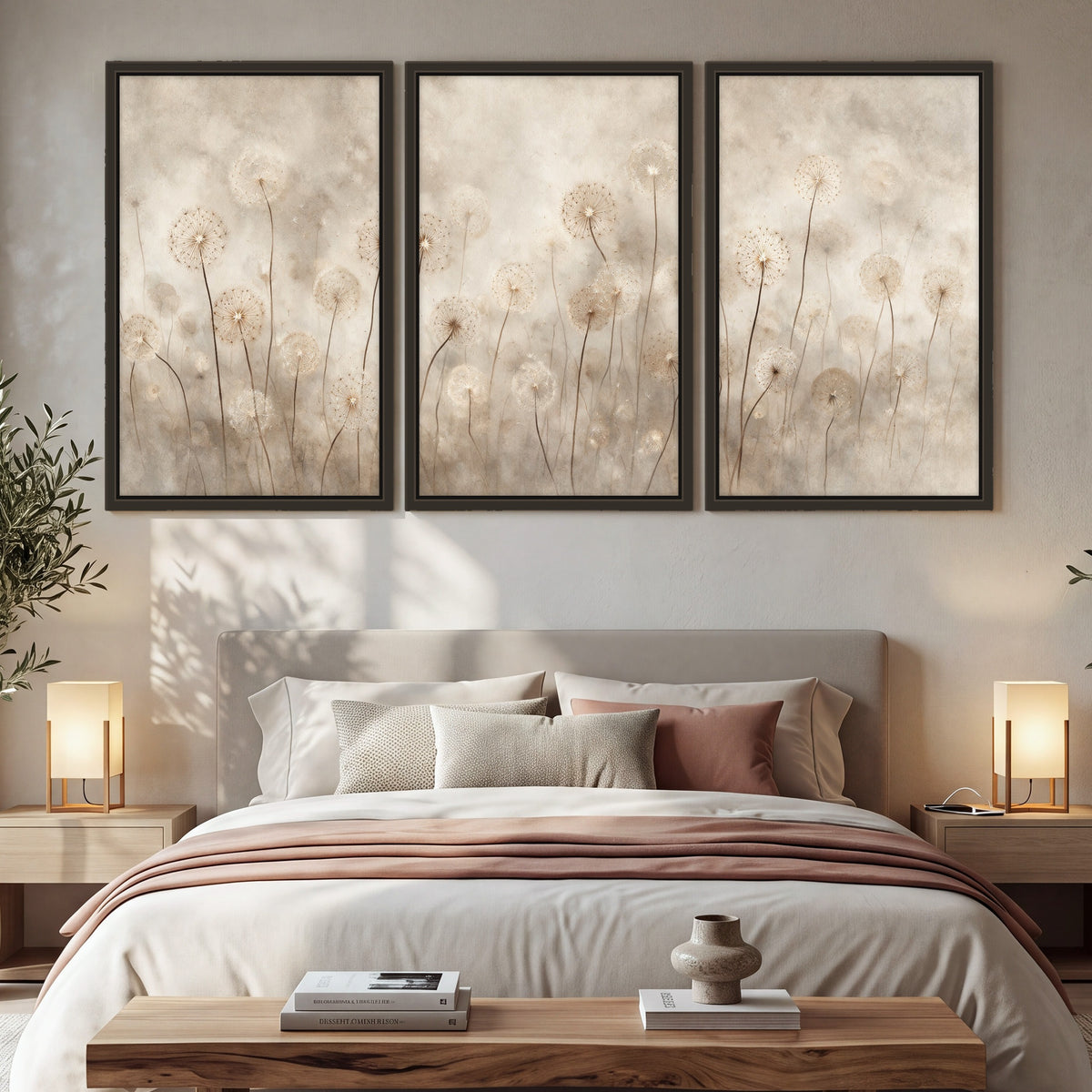 Misty dandelion field painting 3 piece framed canvas in a bedroom above the bed