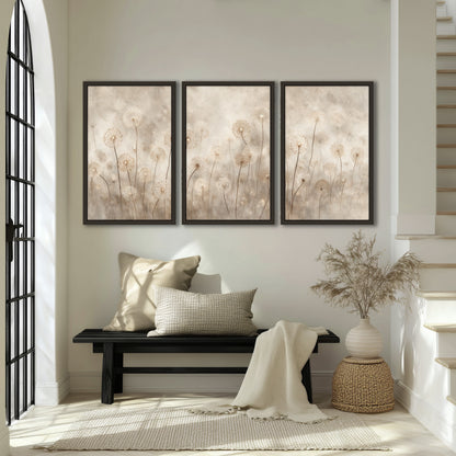 Misty dandelion field painting 3 piece framed canvas in an entryway above a bench
