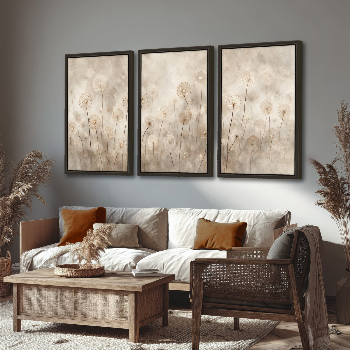 Misty dandelion field painting 3 piece framed canvas in a rustic living room