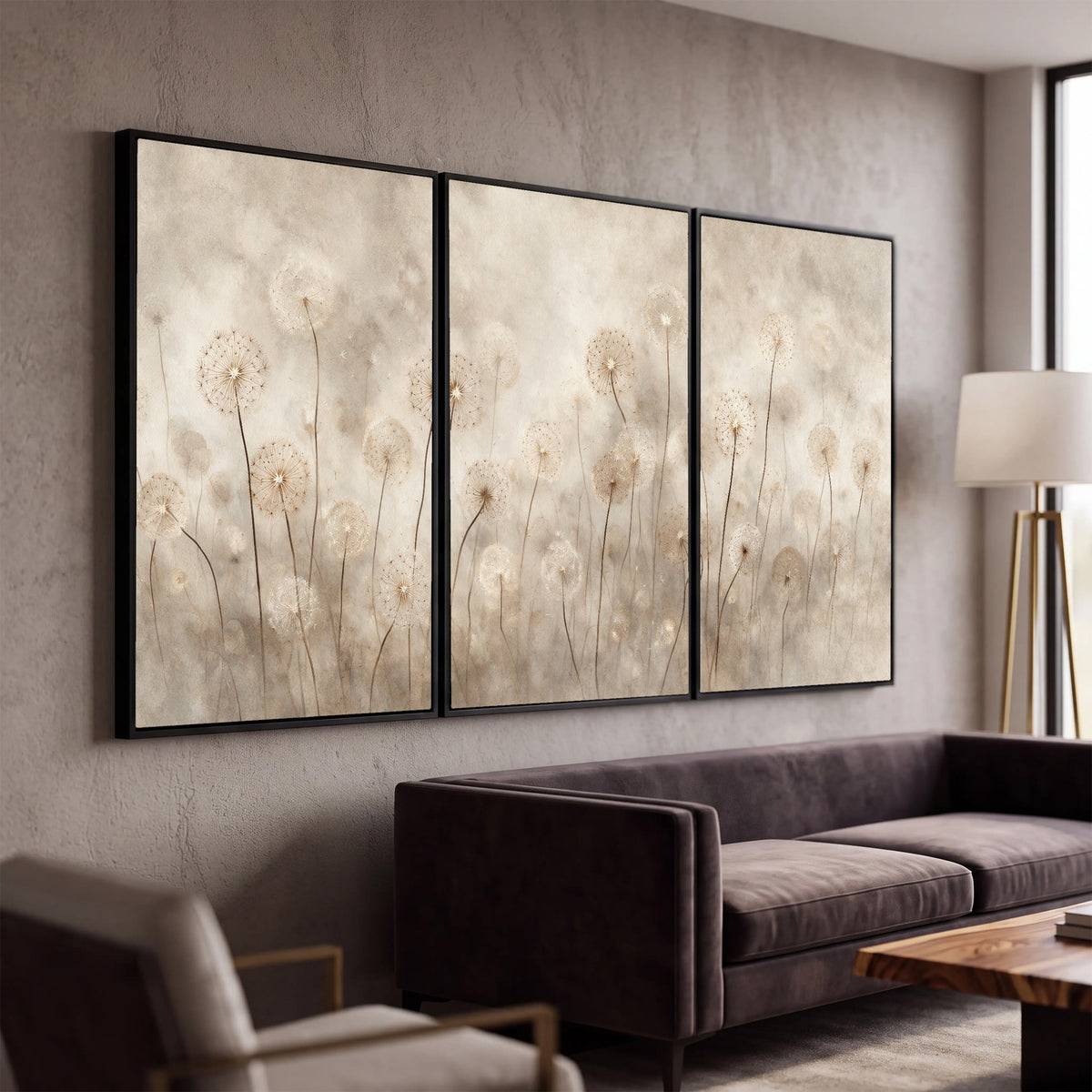 Misty dandelion field painting 3 piece framed canvas in a modern living room