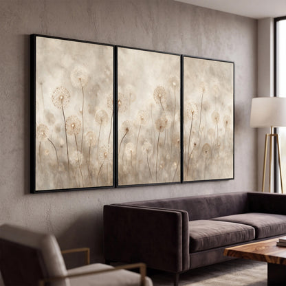 Misty dandelion field painting 3 piece framed canvas in a modern living room