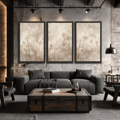 Misty dandelion field painting 3 piece framed canvas in an industrial loft
