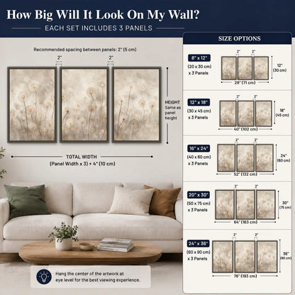 Misty dandelion field painting 3 piece framed canvas size guide above a sofa