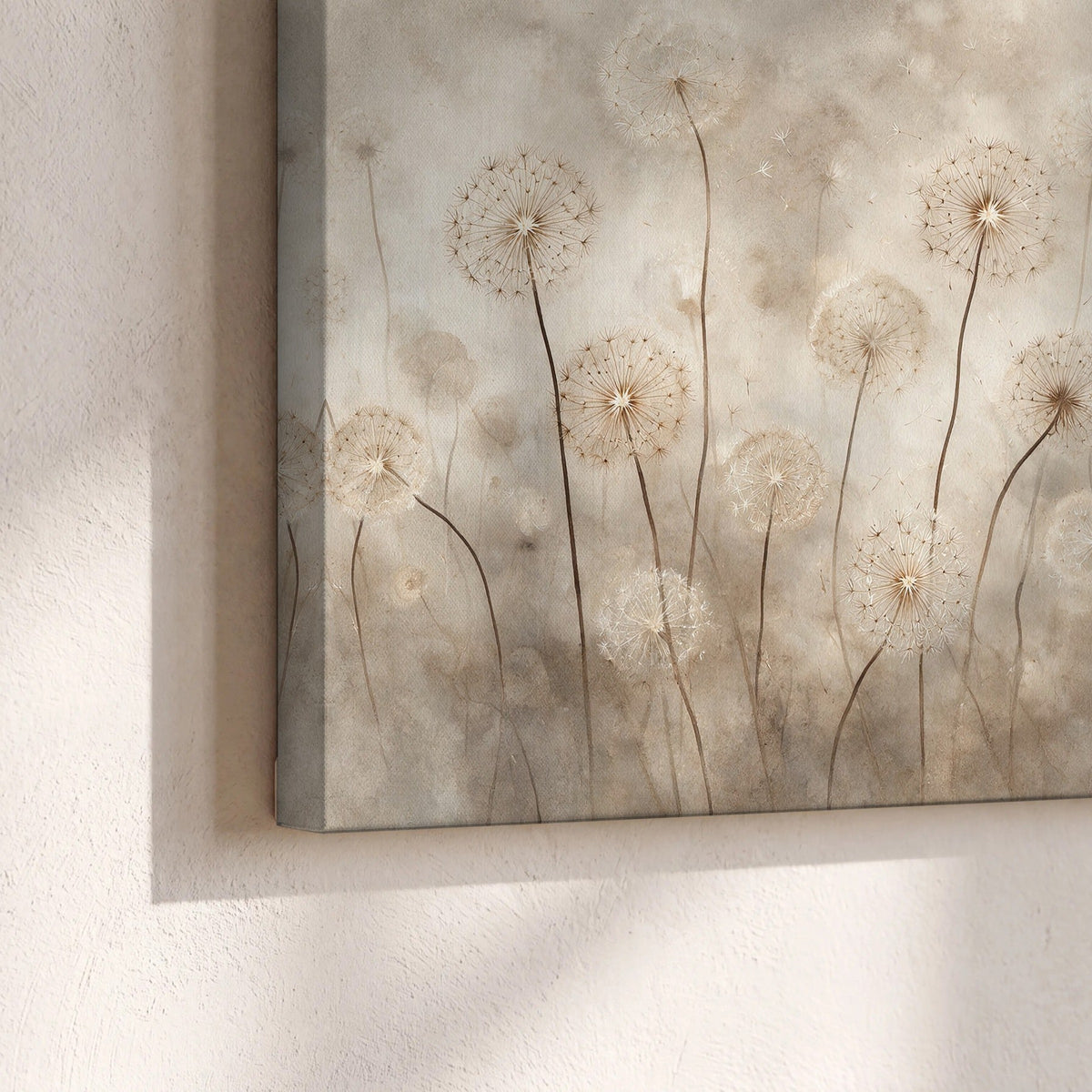 Misty dandelion field painting canvas print close-up showing the gallery-wrapped edge