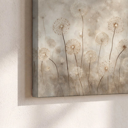 Misty dandelion field painting canvas print close-up showing the gallery-wrapped edge
