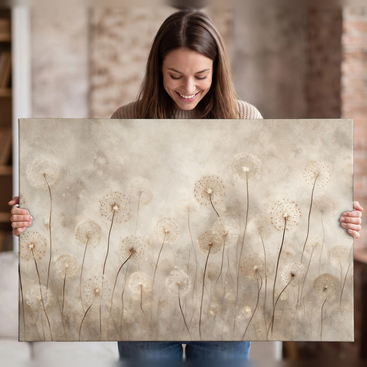 Misty dandelion field painting canvas wall art held in hands