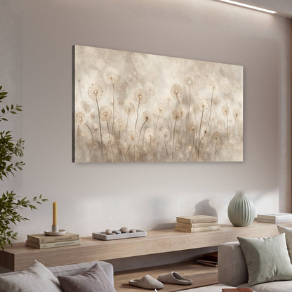 Misty dandelion field painting canvas wall art in a living room above a console