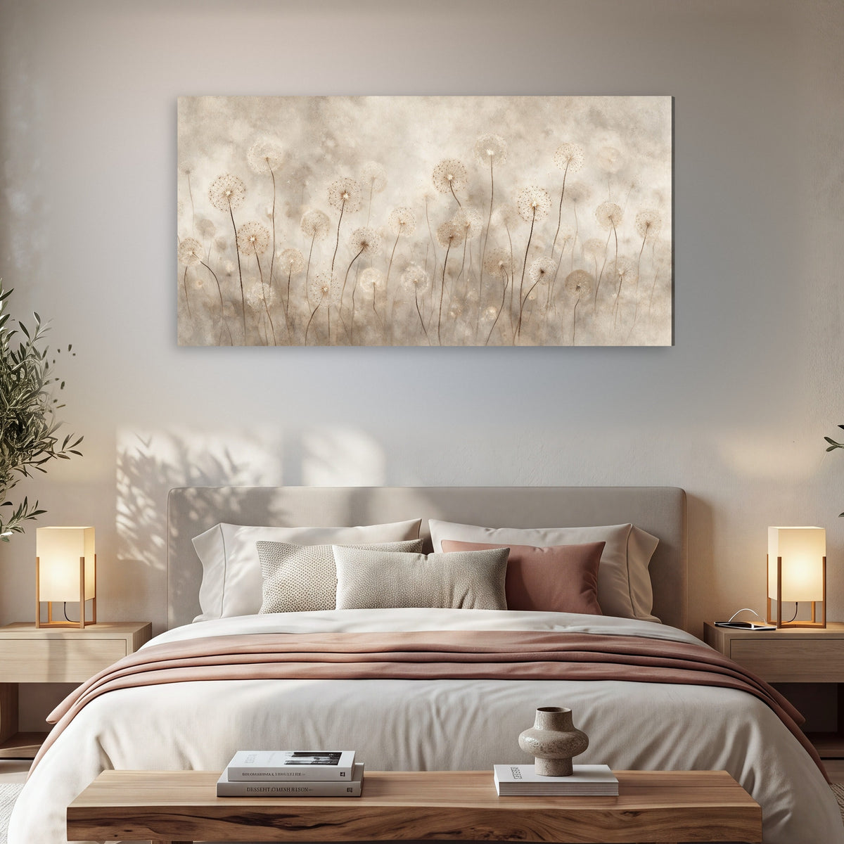Misty dandelion field painting canvas wall art in a bedroom above the bed