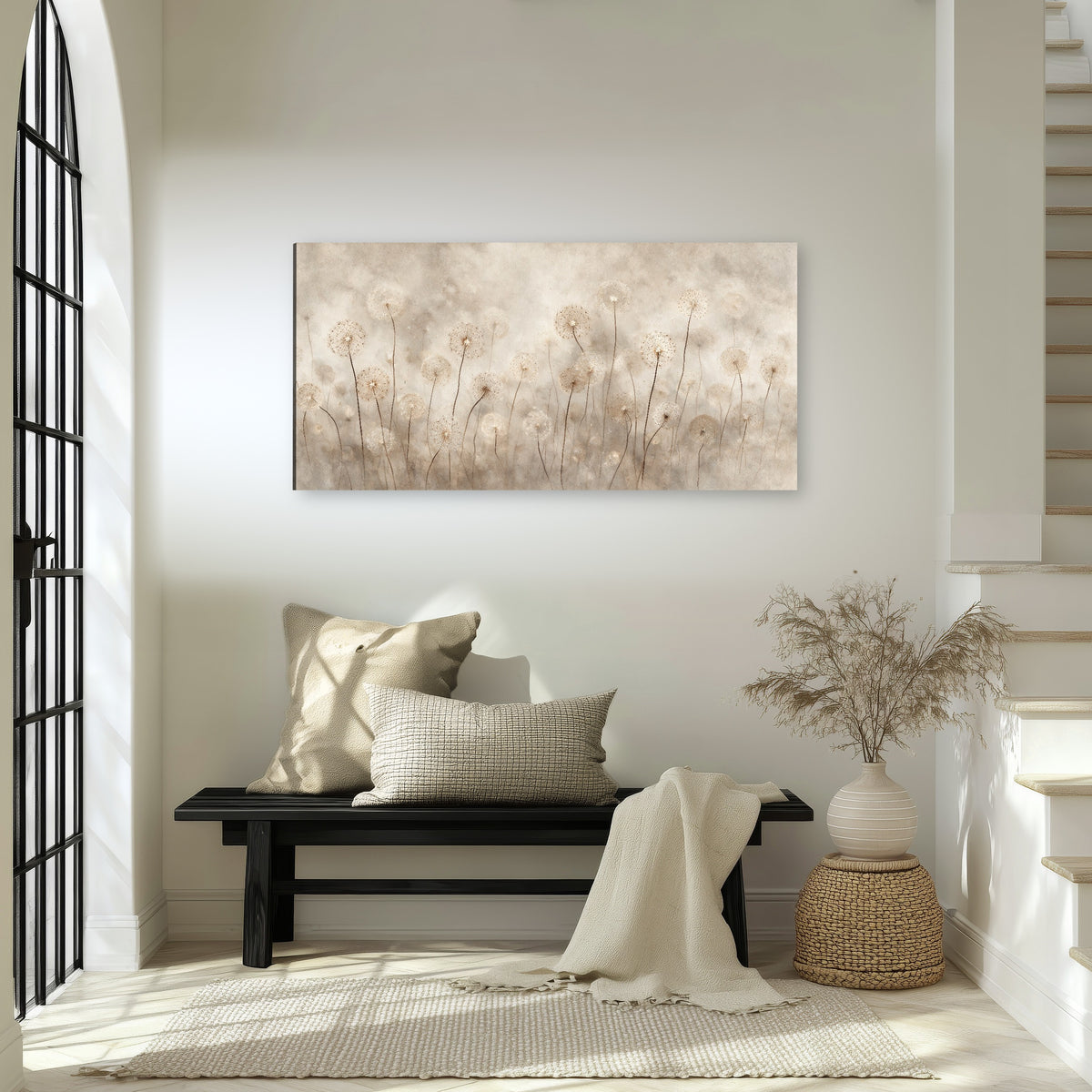 Misty dandelion field painting canvas wall art in an entryway above a bench