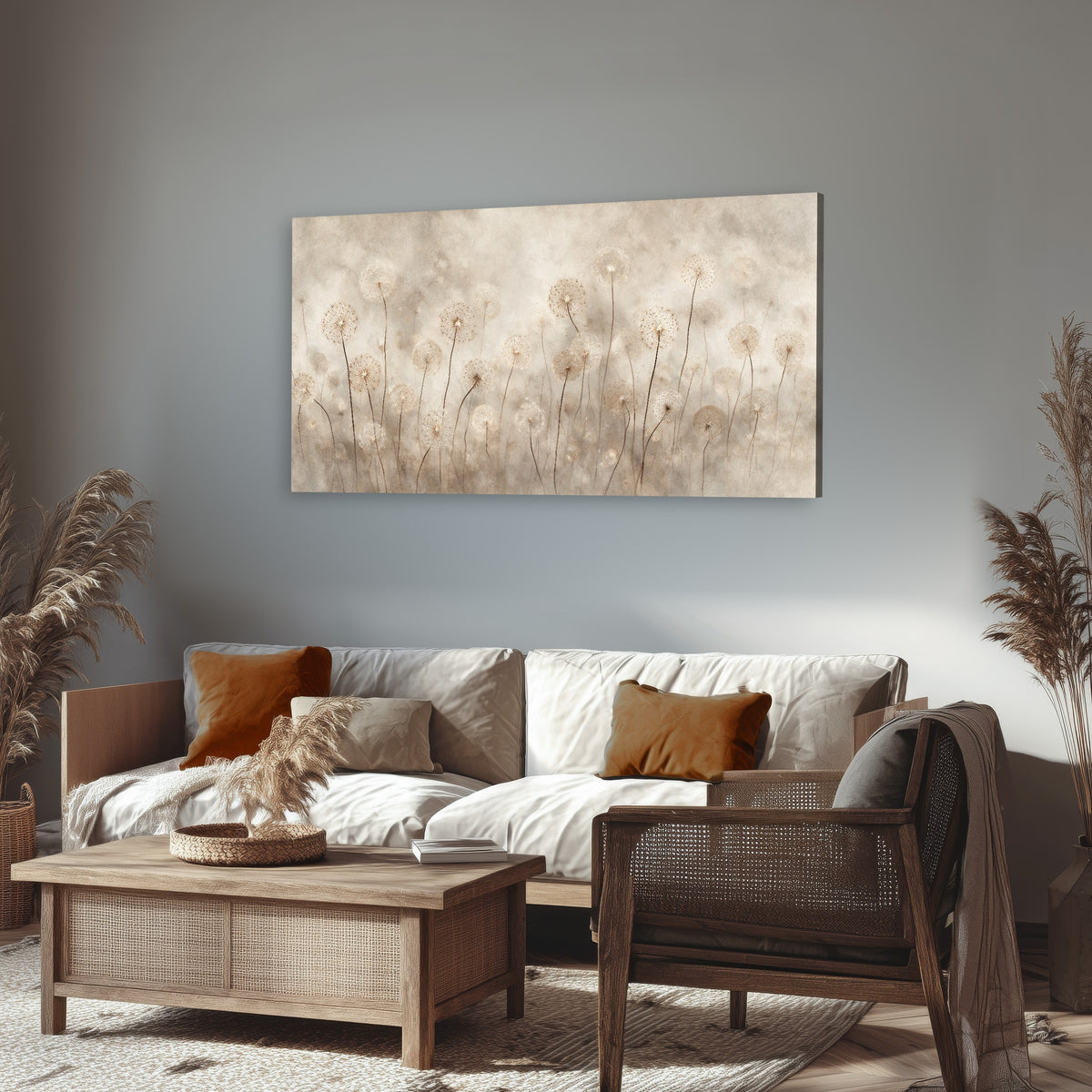 Misty dandelion field painting canvas wall art in a rustic living room