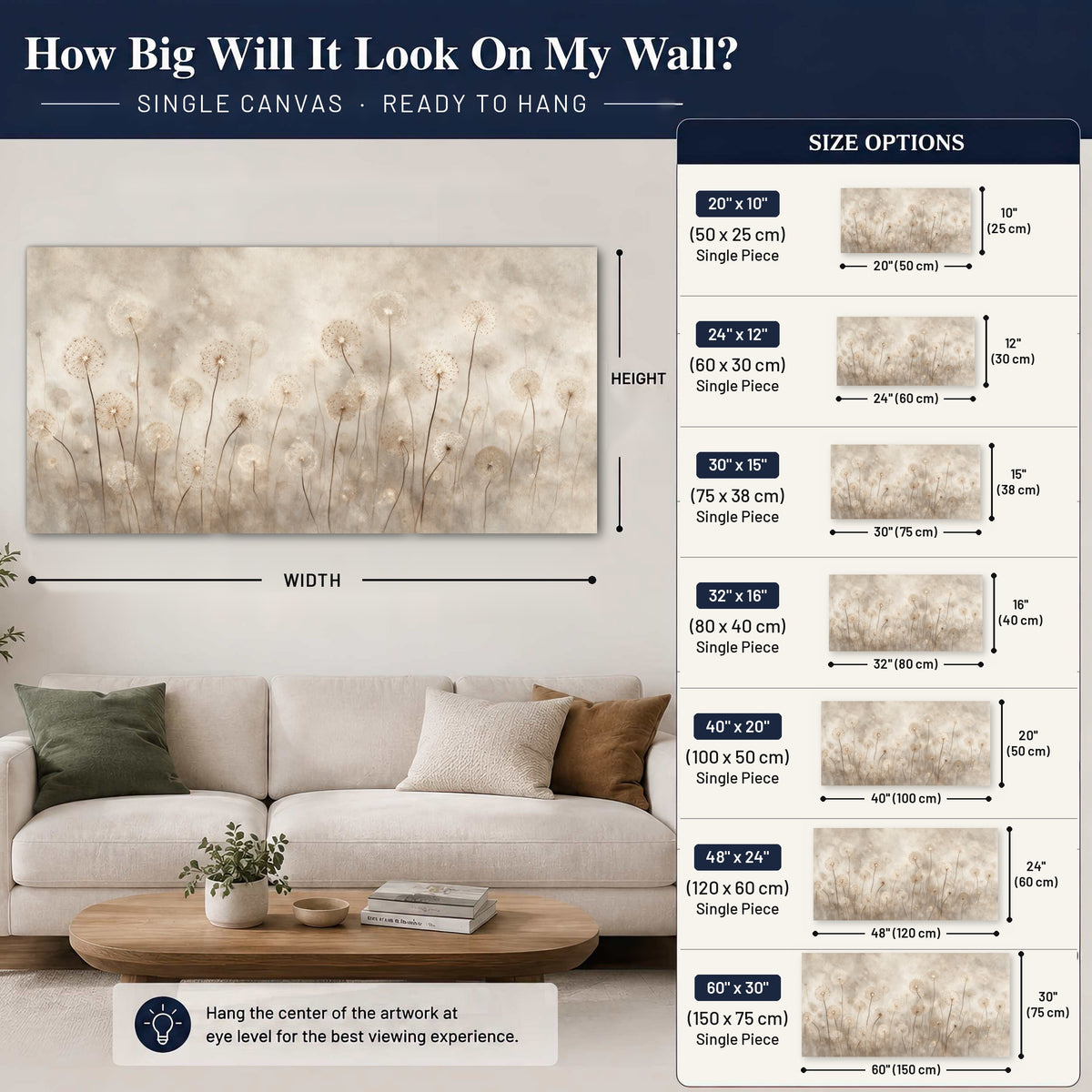 Misty dandelion field painting canvas wall art size guide above a sofa