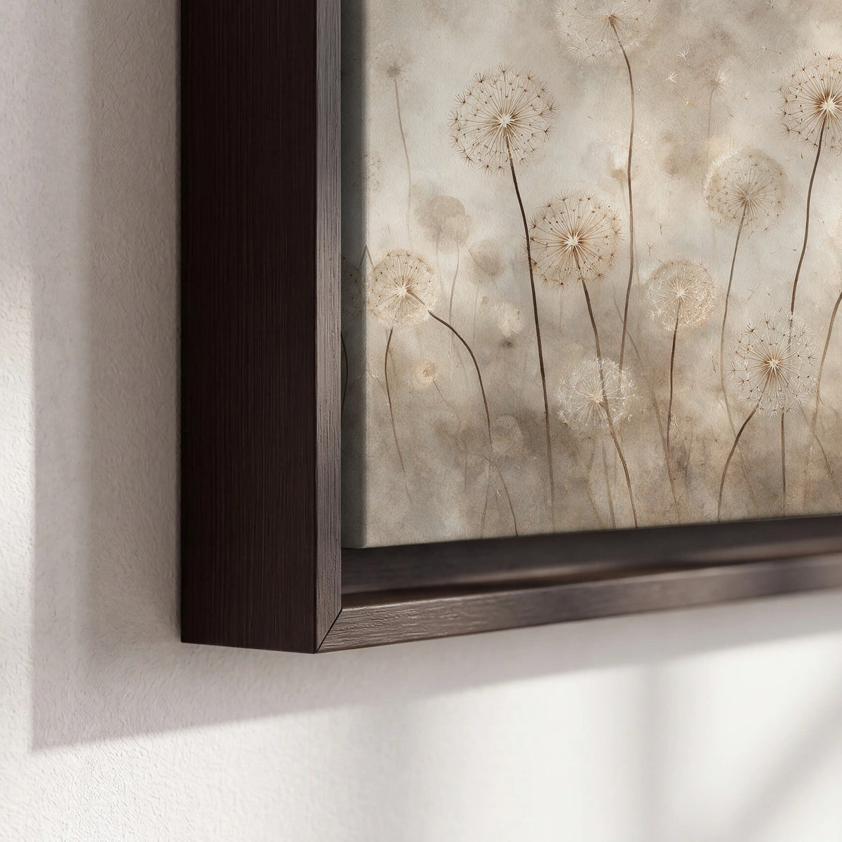 Misty dandelion field painting framed canvas close-up showing the floating frame