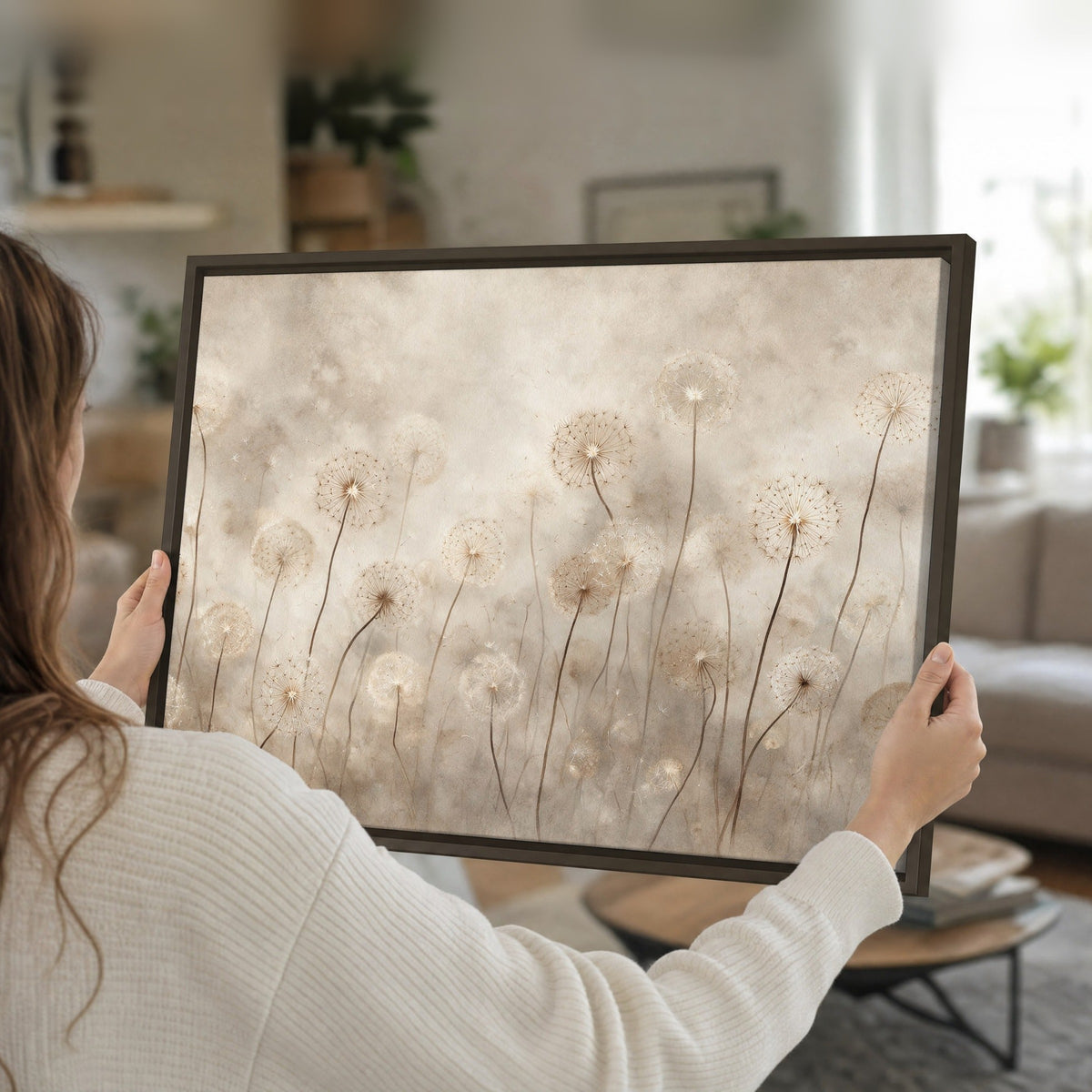 Misty dandelion field painting framed canvas held in hands
