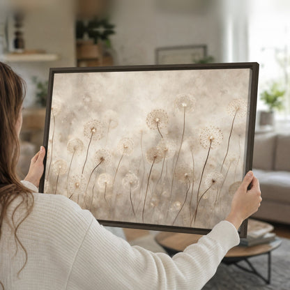Misty dandelion field painting framed canvas held in hands
