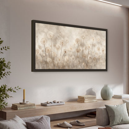 Misty dandelion field painting framed canvas wall art in a living room above a console