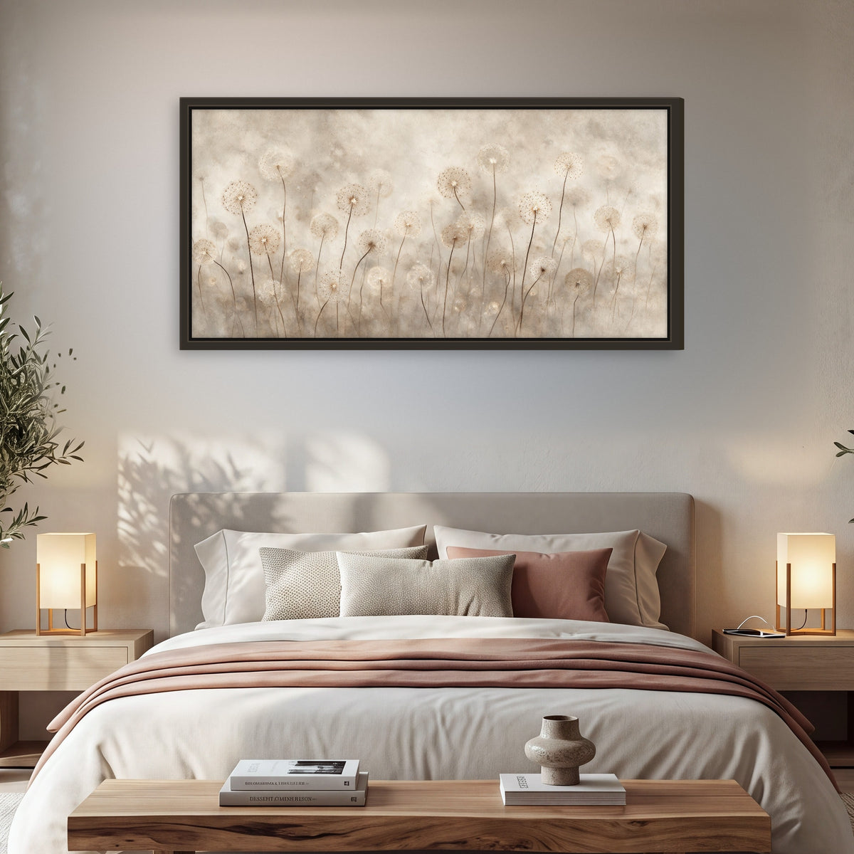 Misty dandelion field painting framed canvas wall art in a bedroom above the bed