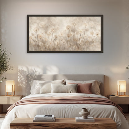 Misty dandelion field painting framed canvas wall art in a bedroom above the bed