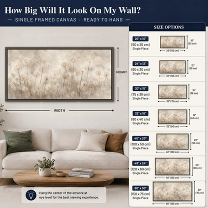 Misty dandelion field painting framed canvas wall art size guide above a sofa