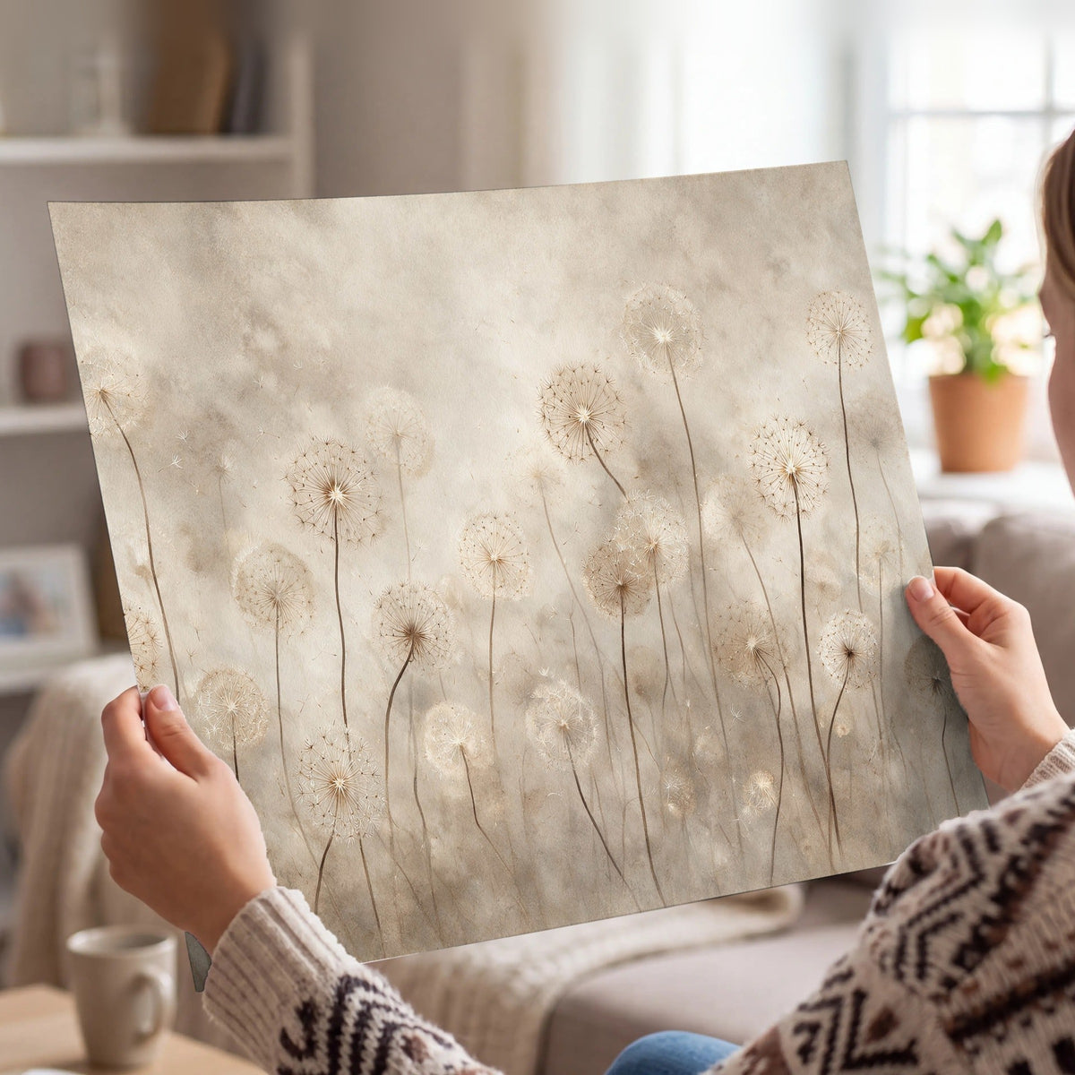 Misty dandelion field painting poster print held in hands