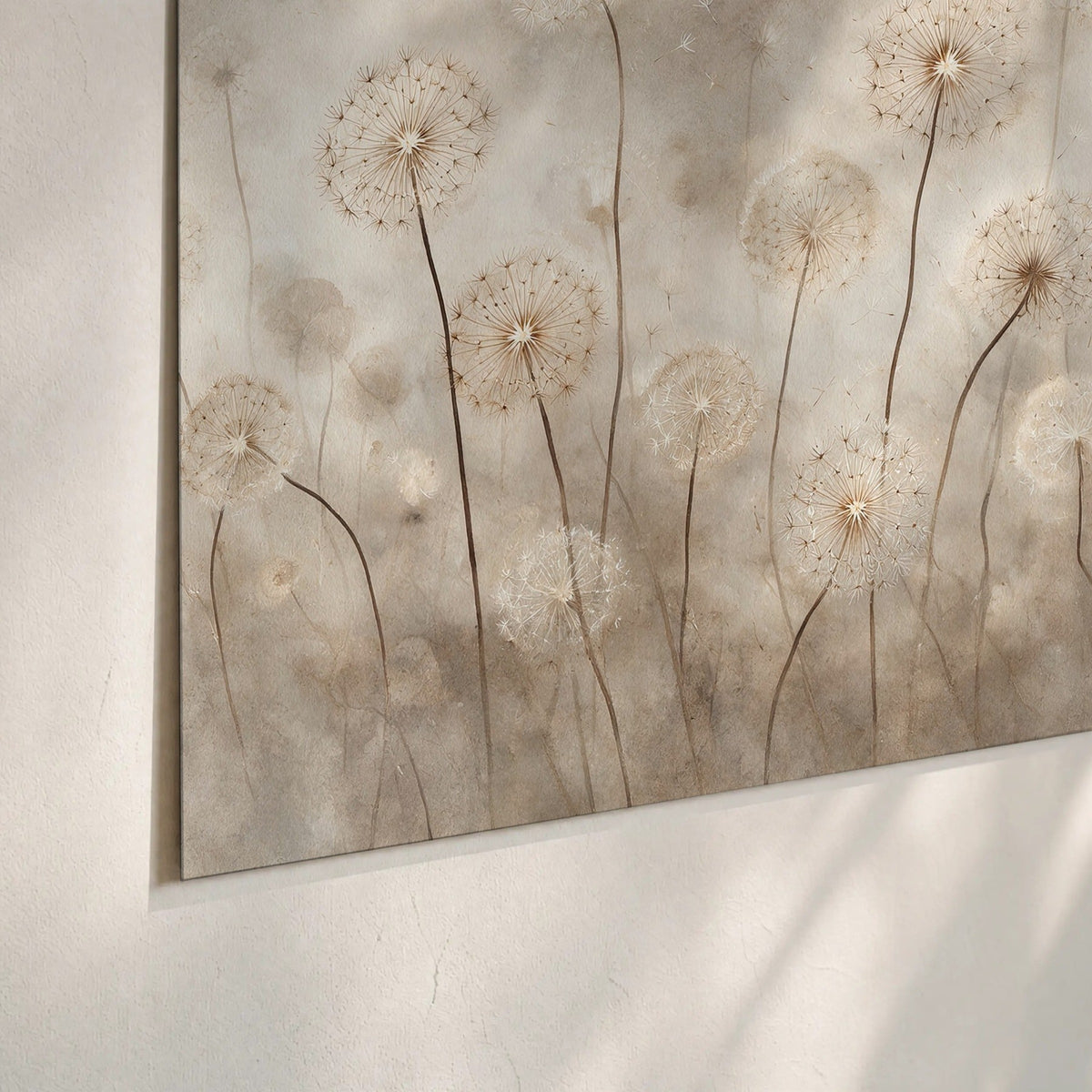 Misty dandelion field painting poster print close-up on matte paper
