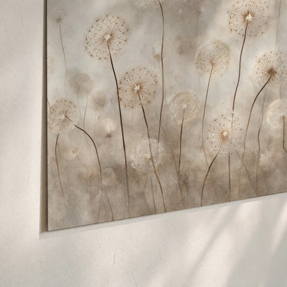 Misty dandelion field painting poster print close-up on matte paper