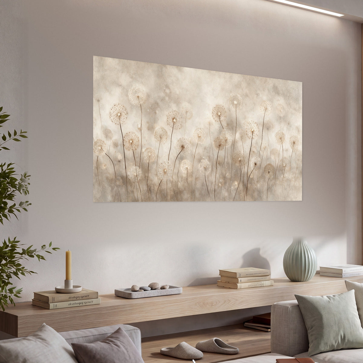 Misty dandelion field painting poster print in a living room above a console