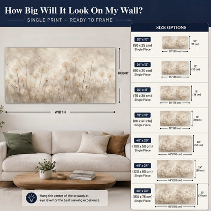 Misty dandelion field painting poster print size guide above a sofa