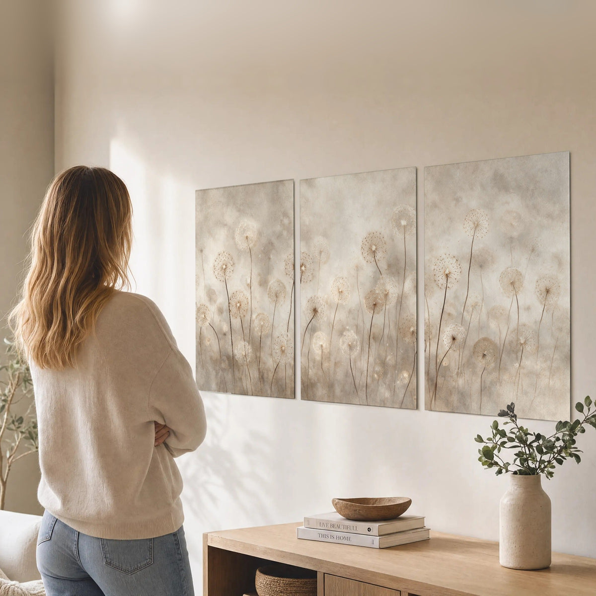 Misty dandelion field painting set of 3 poster prints in a living room