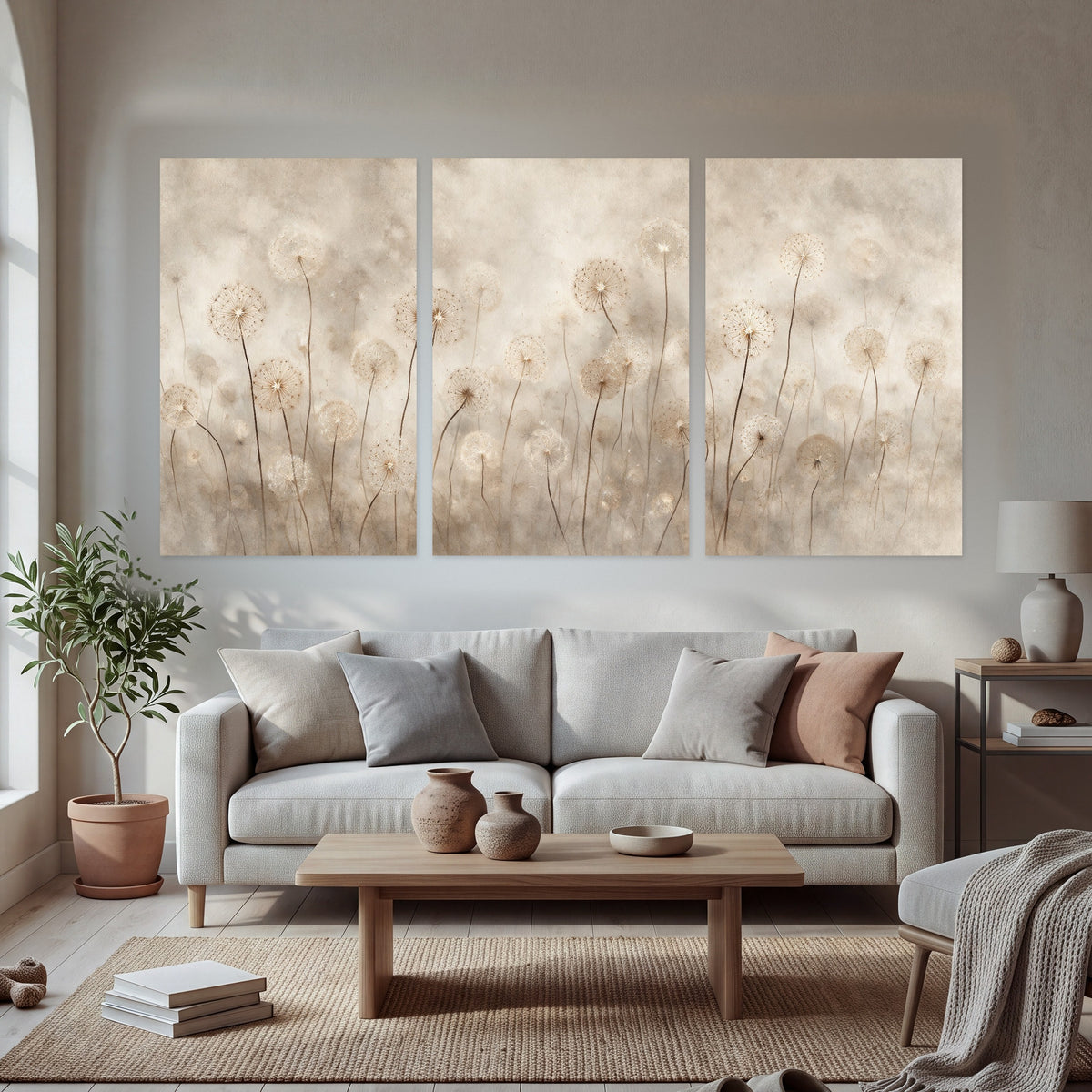 Misty dandelion field painting set of 3 poster prints in a bright living room