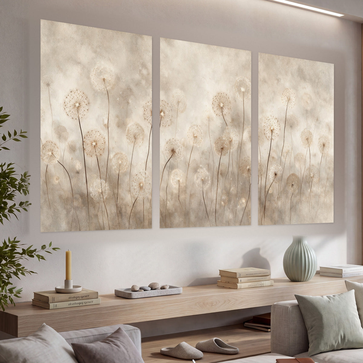 Misty dandelion field painting set of 3 poster prints in a living room above a console