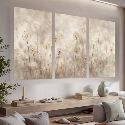 Misty dandelion field painting set of 3 poster prints in a living room above a console