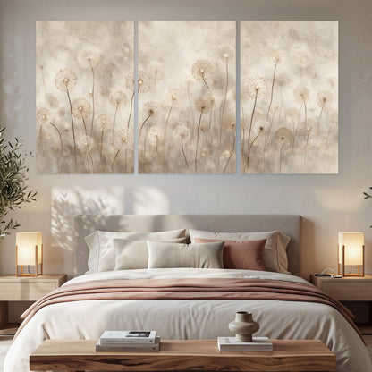 Misty dandelion field painting set of 3 poster prints in a bedroom above the bed