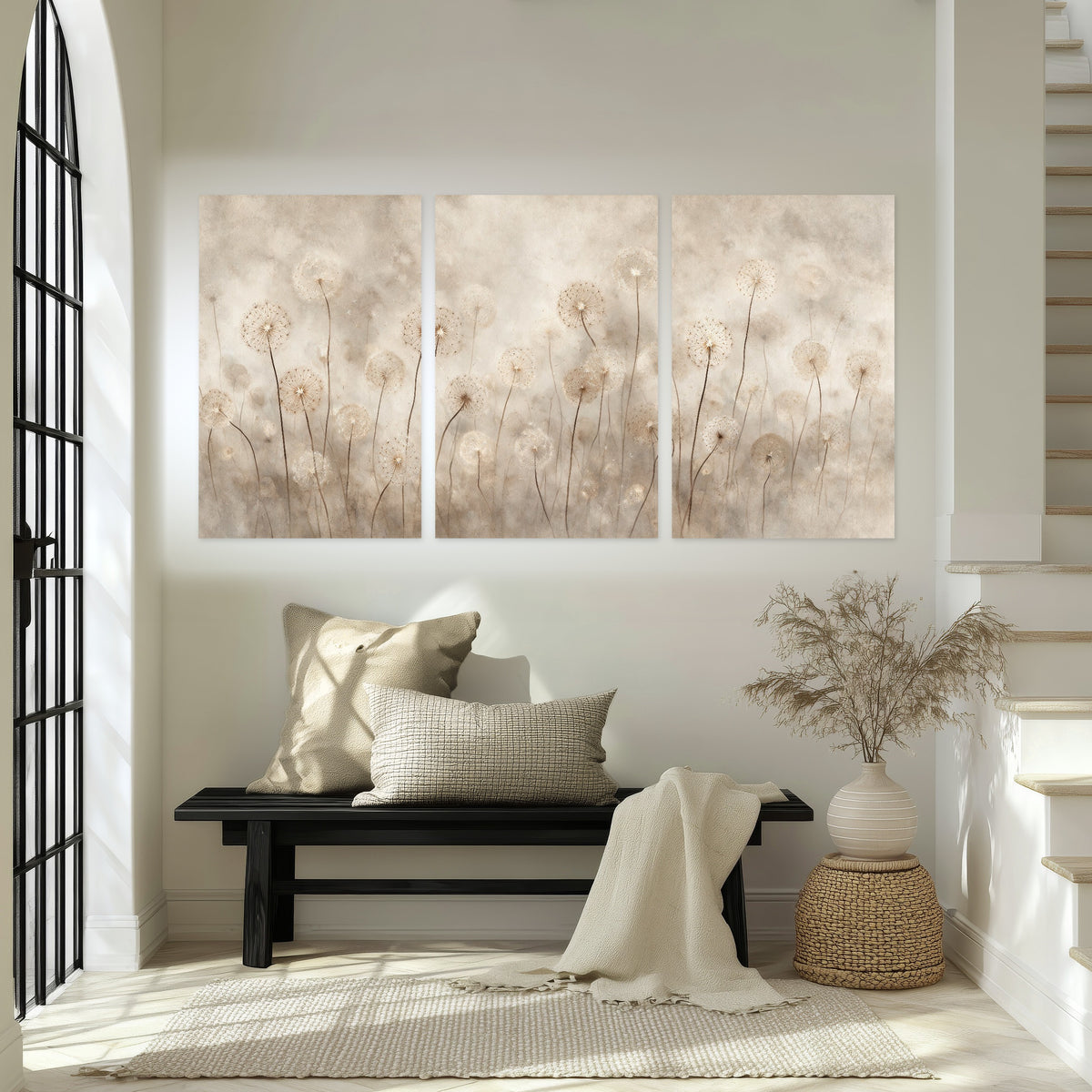 Misty dandelion field painting set of 3 poster prints in an entryway above a bench