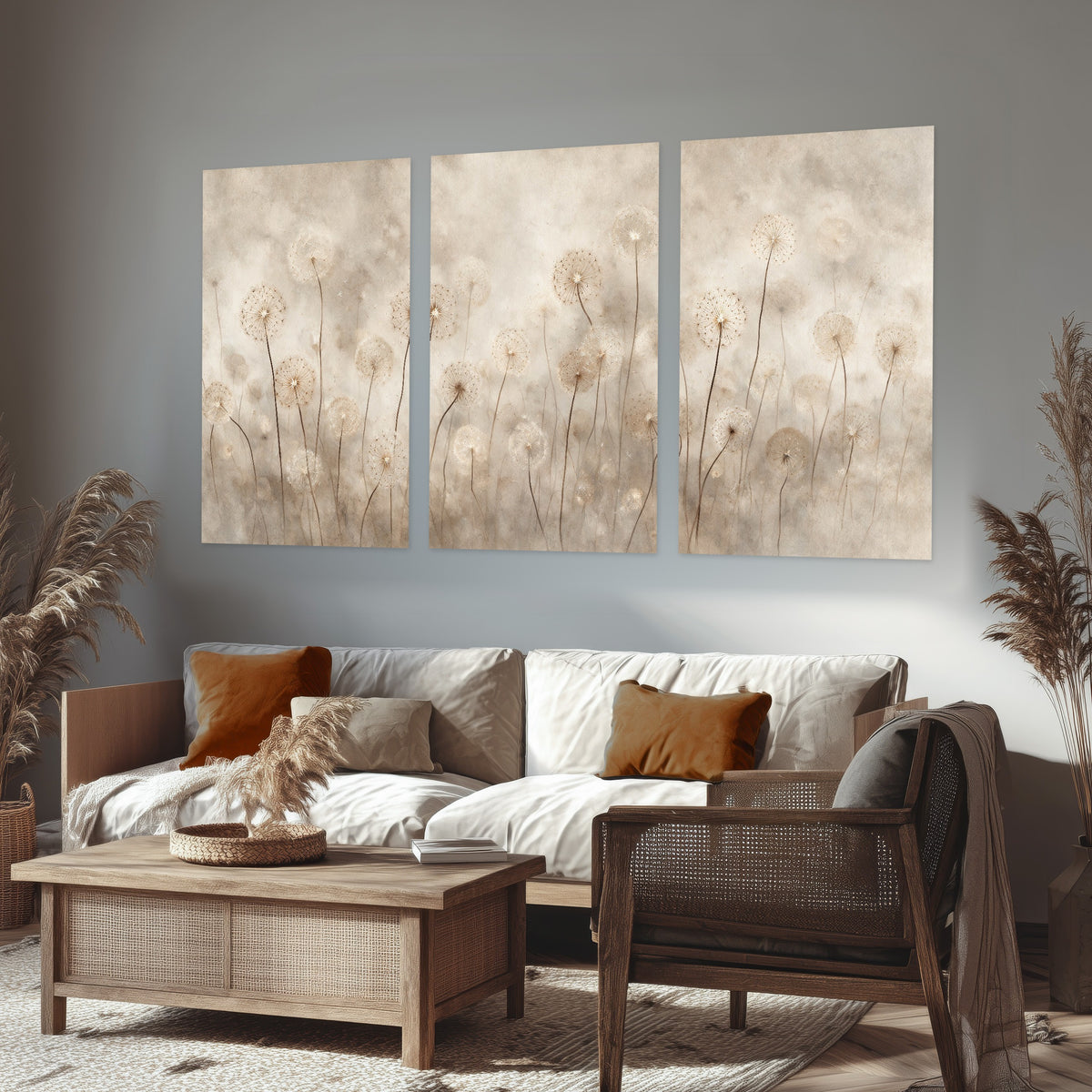 Misty dandelion field painting set of 3 poster prints in a rustic living room