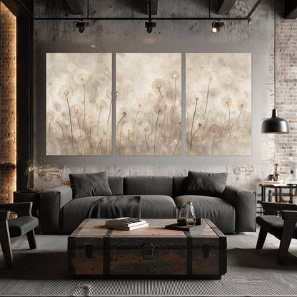 Misty dandelion field painting set of 3 poster prints in an industrial loft