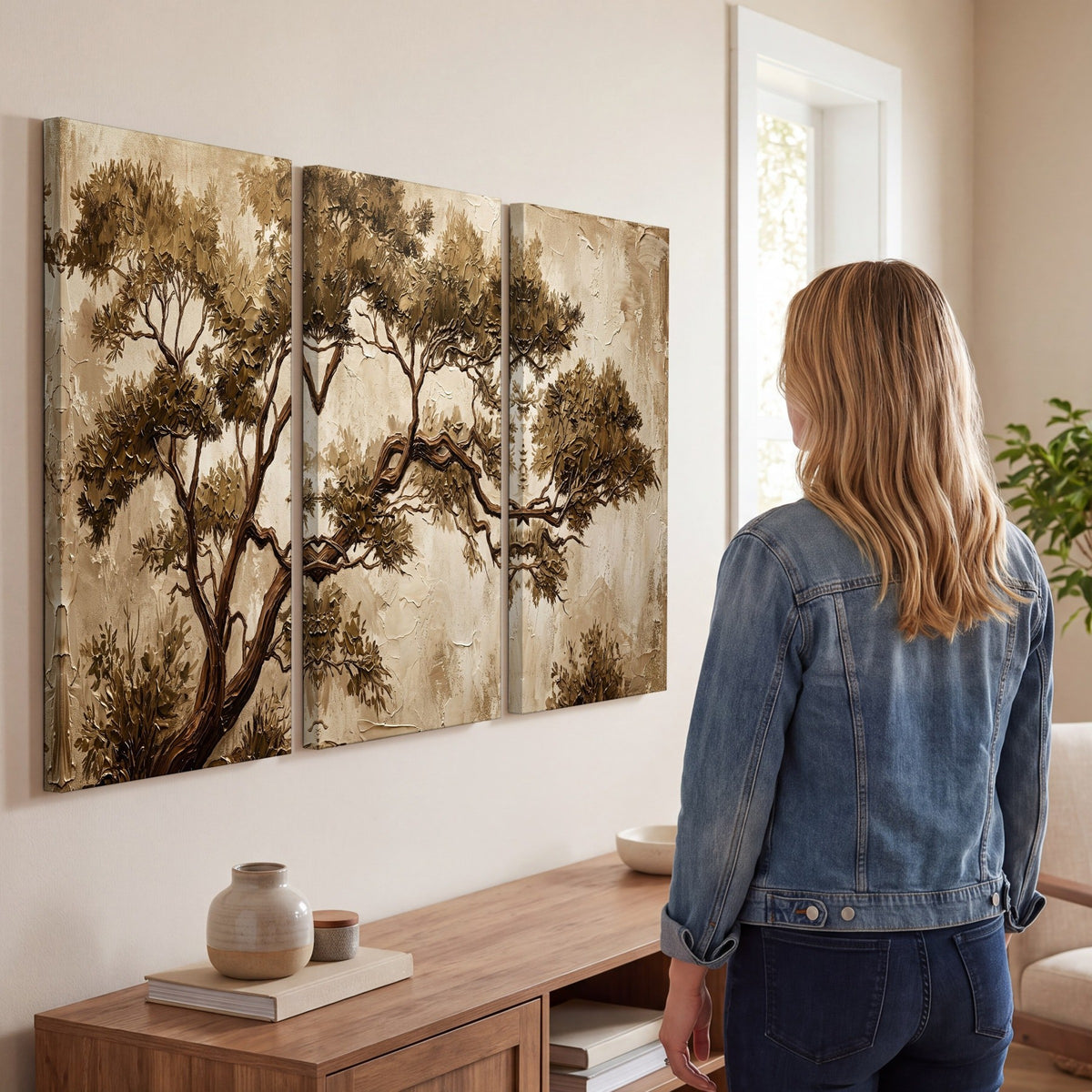 Sepia tree textured painting 3 piece canvas wall art in a living room