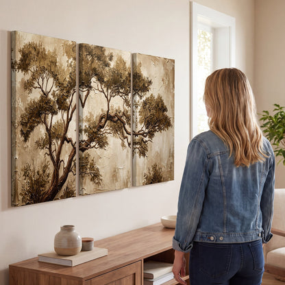 Sepia tree textured painting 3 piece canvas wall art in a living room