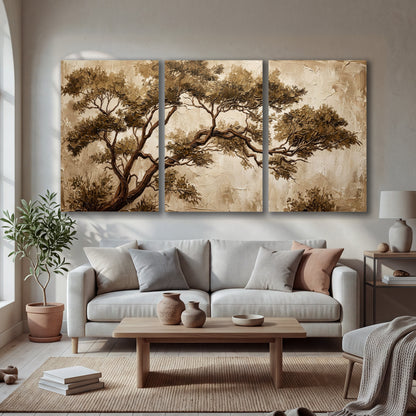 Sepia tree textured painting 3 piece canvas wall art in a bright living room