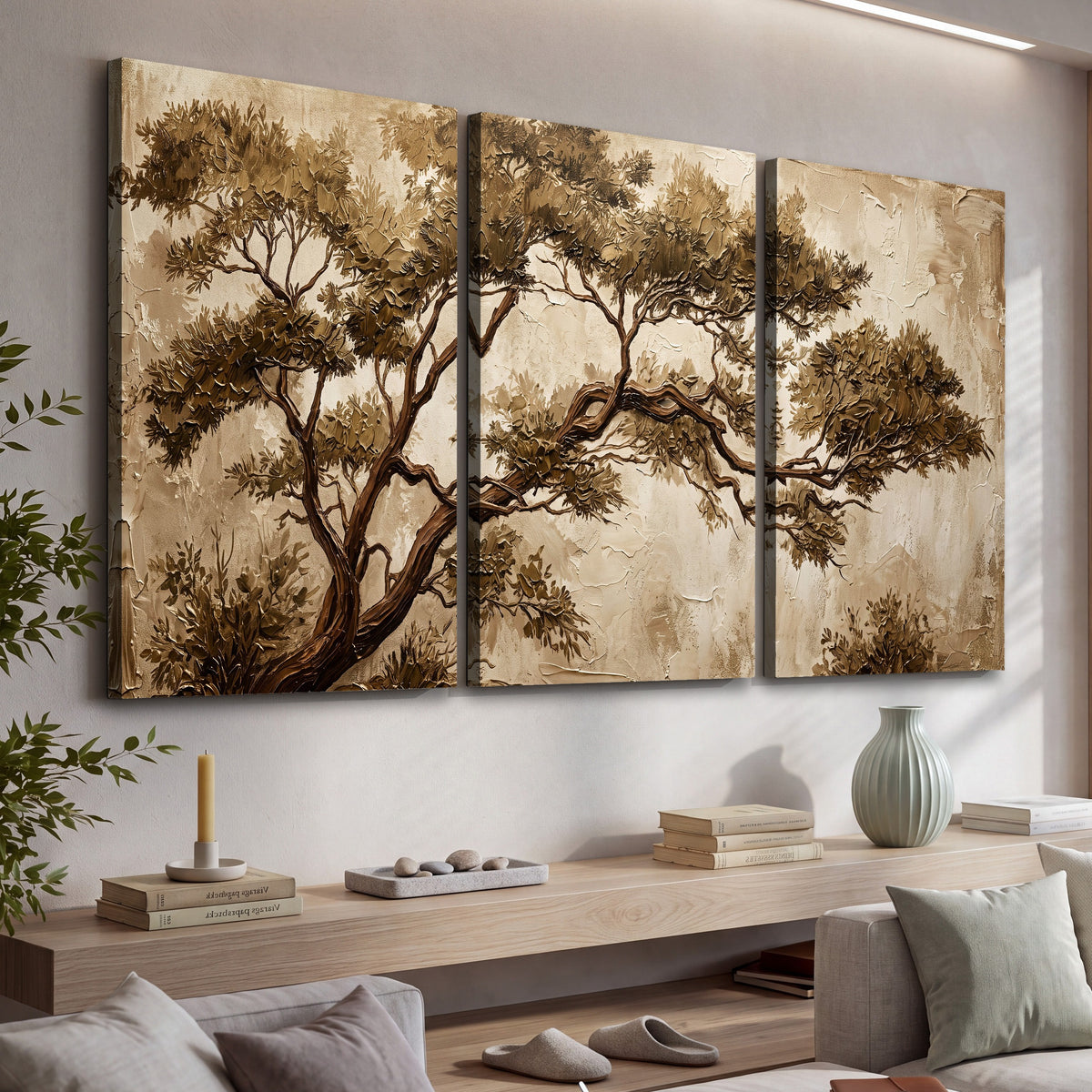 Sepia tree textured painting 3 piece canvas wall art in a living room above a console
