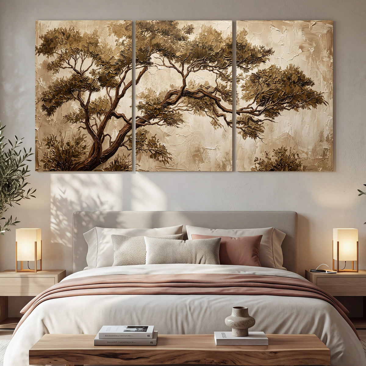 Sepia tree textured painting 3 piece canvas wall art in a bedroom above the bed