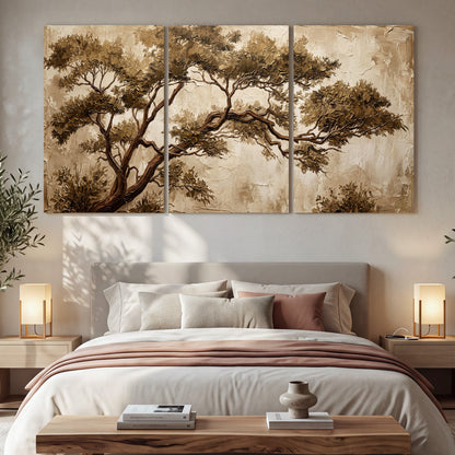 Sepia tree textured painting 3 piece canvas wall art in a bedroom above the bed