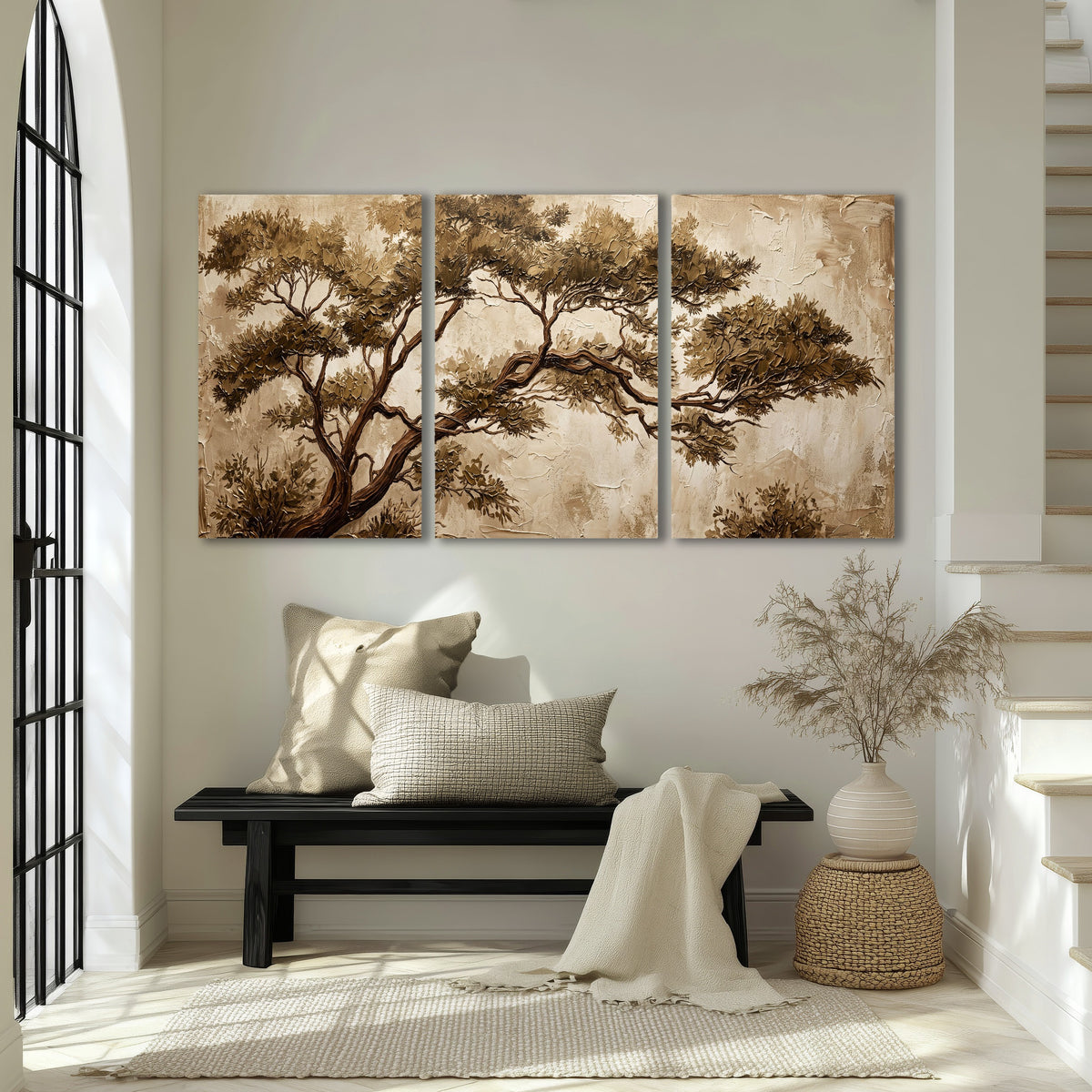Sepia tree textured painting 3 piece canvas wall art in an entryway above a bench